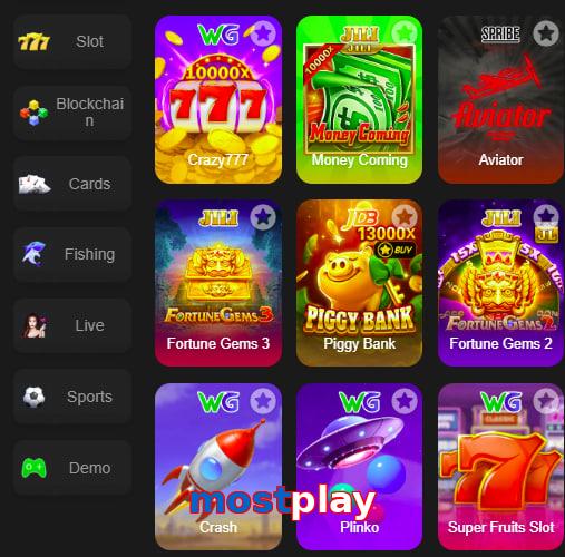 Main screen of Mostplay game page for PK players